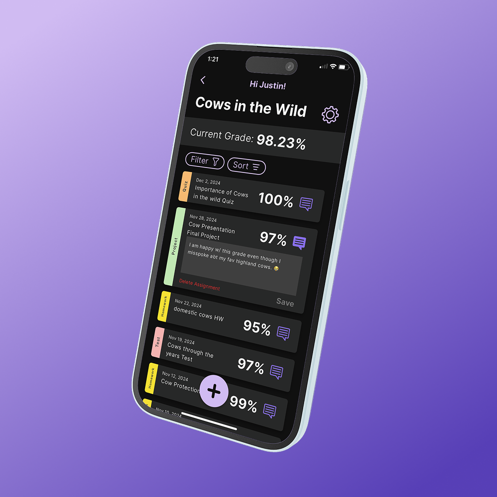purple background with phone showing grade-hound app on a class page
